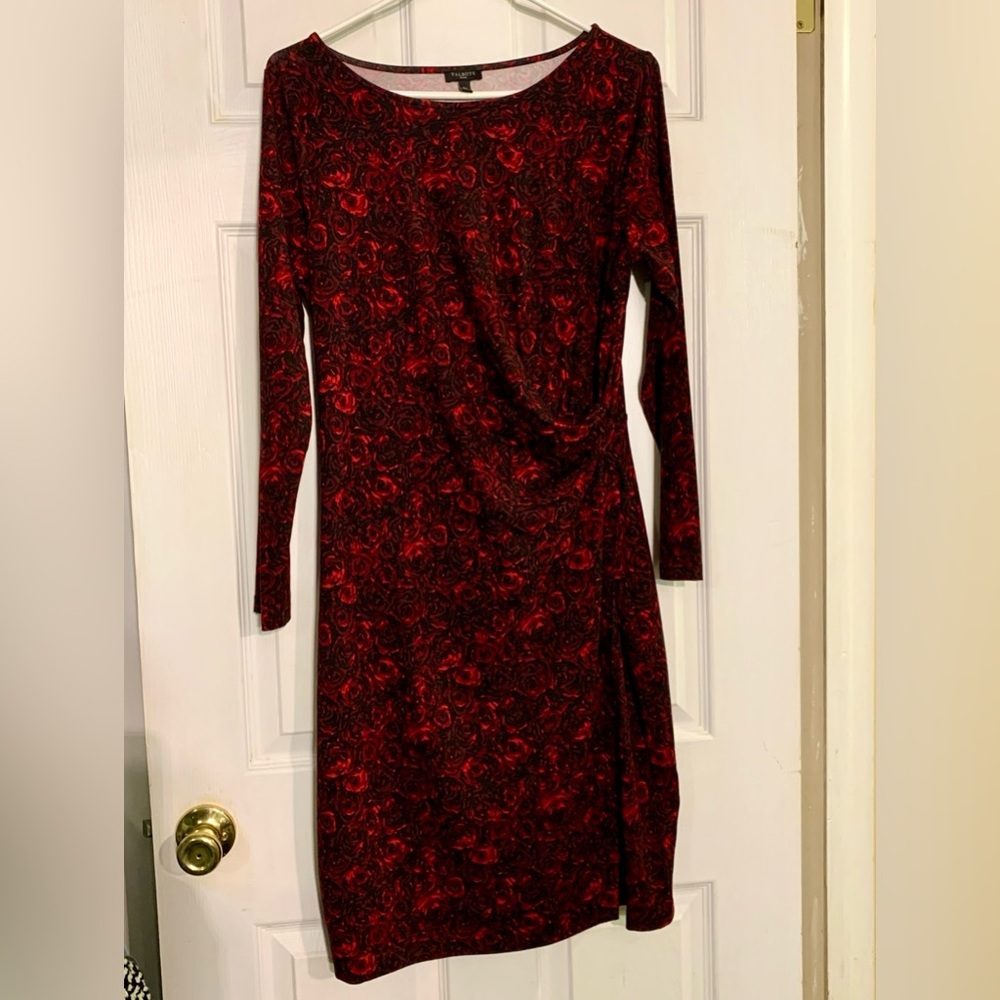 Talbots Women Dress Large Petite Red & Black Floral Long Sleeve Midi Round Neck